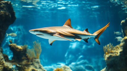 Fototapeta premium A dynamic shot of a shark swimming gracefully underwater, showcasing its streamlined body and powerful tail against a clear blue ocean backdrop.