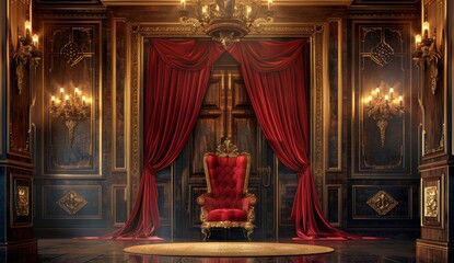 Throne in luxury royal room. Historic vintage king red chair. Retro golden interior of palace or museum. Classic elegant baroque armchair. Royalty seat