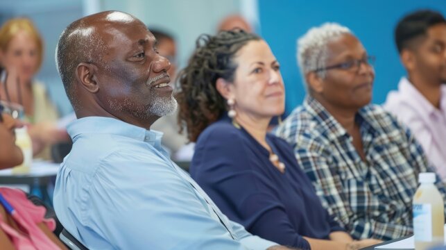 Diverse adult learners engaged in a problem-solving activity during an adult education workshop