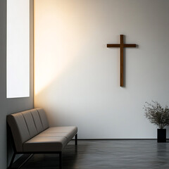 Naklejka premium Minimalistic interior with a cross on the wall, sunny shadows. For religious Christian publications