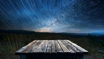 Weathered wooden podium as solitary monument under starry sky.