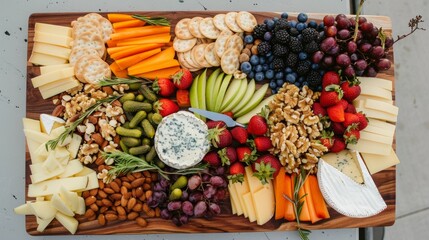 A beautifully arranged charcuterie board with various cheeses, fruits, nuts, and crackers.