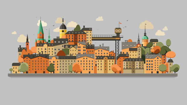 F&auml;rgglad Minimalistisk vektor Illustration av S&ouml;dermalm i Stockholm