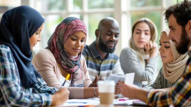 A diverse group of adult learners from various backgrounds collaborating on a project in a community education center