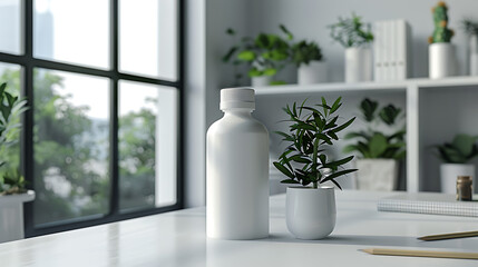 Fototapeta premium A white bottle with a white cap sits next to a small potted plant on a white table.