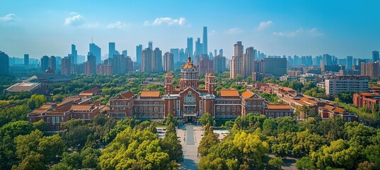 Fototapeta premium University building with cityscape background view. Generative AI technology. 