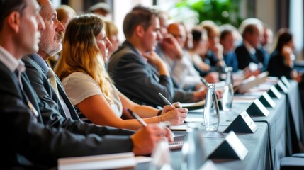 Adults attending a business management seminar, taking notes and listening to the instructor in a conference room