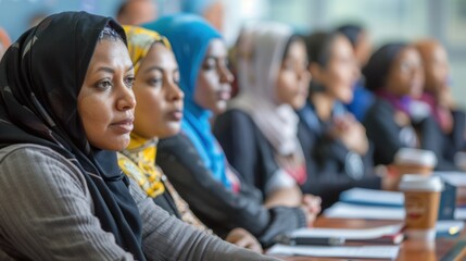 An adult education classroom with learners from various cultural backgrounds, all focused on the instructor