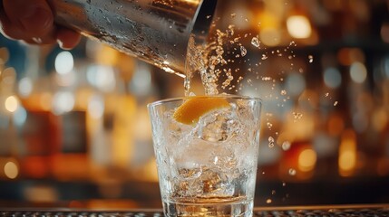 Cocktail shaker with mixed drink being shaken at a bar
