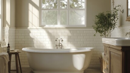 A serene transitional bathroom with a freestanding bathtub, subway tile walls, and a wooden vanity. The space features a neutral color palette, creating a calm and relaxing atmosphere. Natural light s