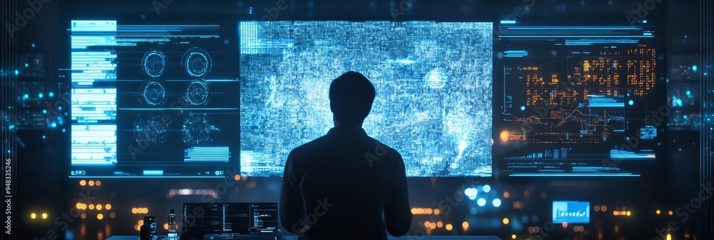 Aufkleber a silhouette of a man stands before a large holographic display, visualizing real-time data from the
