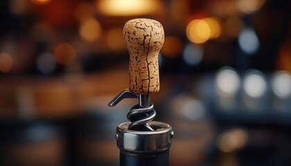Corkscrew with a wine bottle uncorking a bottle of red wine