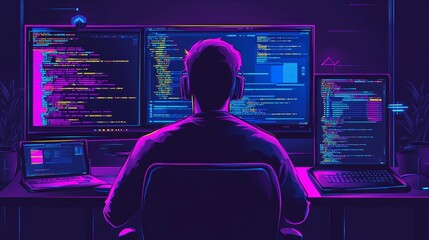 A silhouette of a computer programmer working late at night, surrounded by multiple screens displaying code. This illustration symbolizes dedication, focus, and the creative process of coding.