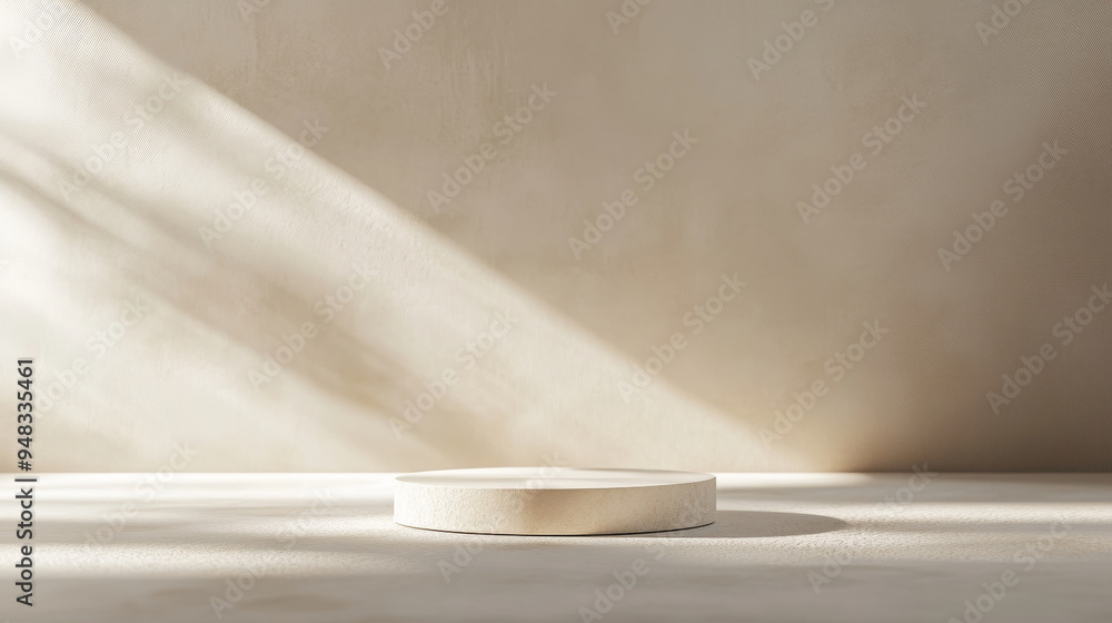 Poster a simple and elegant 3d rendering of a white podium bathed in soft sunlight. the minimal design allo