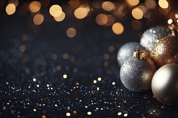 Glittering Christmas background with gold and silver baubles on a dark background 