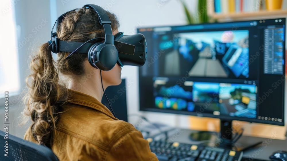 Poster an adult taking part in a virtual training session, with a headset and educational software open on 