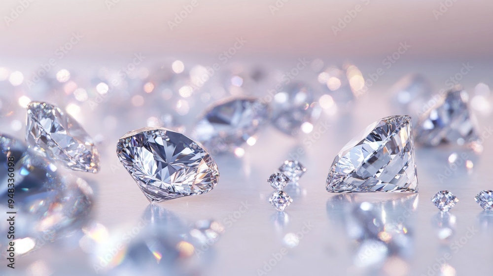Poster a group of diamonds of various cuts and sizes scattered elegantly on a white surface, creating a lux