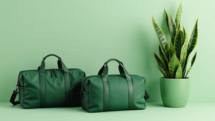 Nature-Inspired Travel Setup Green Duffel Bags & Snake Plant on Light Green Background