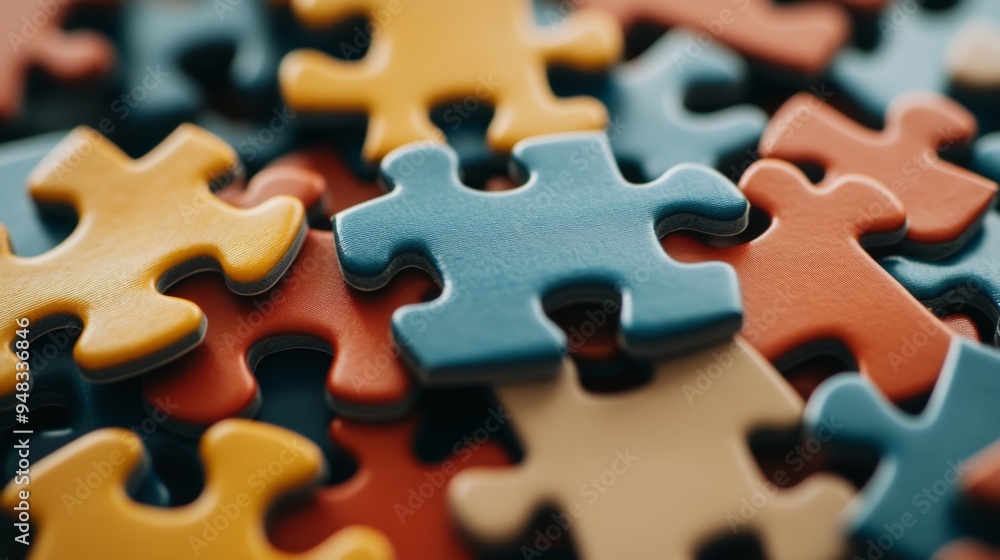 Poster a group of puzzle pieces coming together, representing the concept of teamwork, collaboration, and t