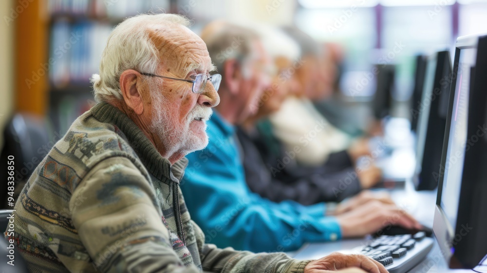 Poster older adults attending a computer literacy class, learning to use new technology with the help of an