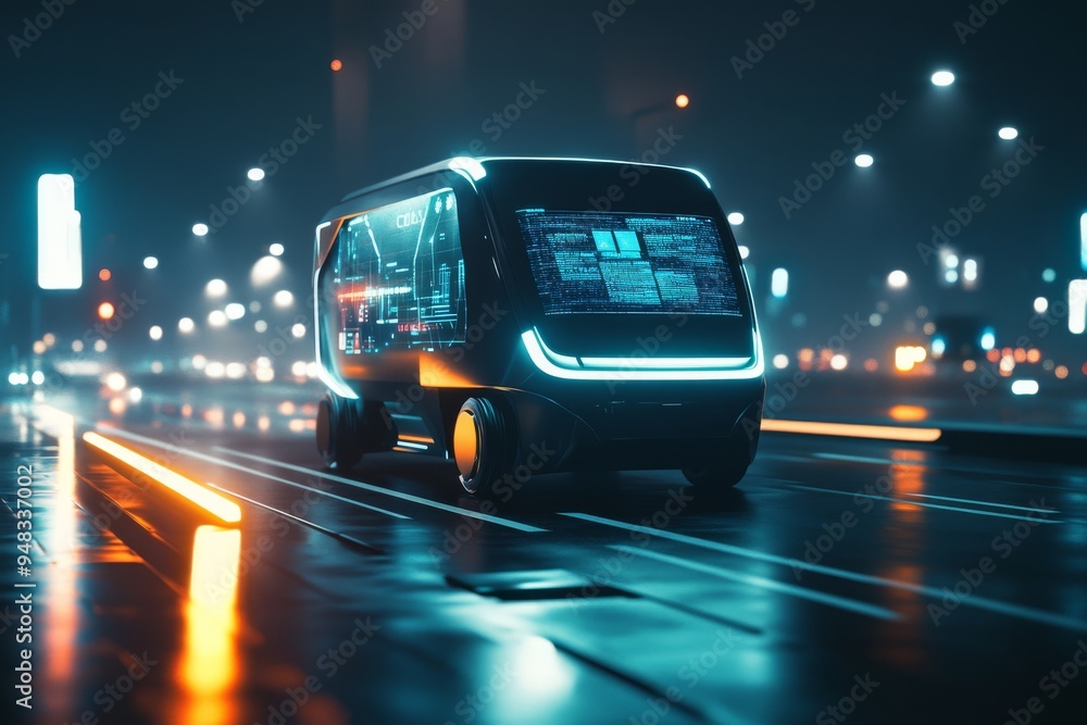 Poster explore the future of package delivery with a selfdriving van, offering realtime tracking via a smar