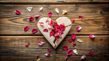 A torn paper heart with 'loves me' and 'loves me not' petals, symbolizing the uncertainty and game of love, lies on a worn, wooden table surface.