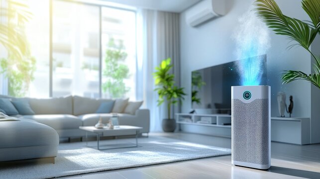 A sleek and modern air purifier effectively removes pollutants, allergens, and odors, creating a healthier and more comfortable living environment. The device features a sleek design and is ideal for 