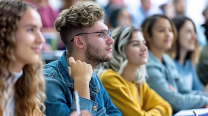 Obraz premium Young adults attending a college lecture, taking notes and listening intently to the professor