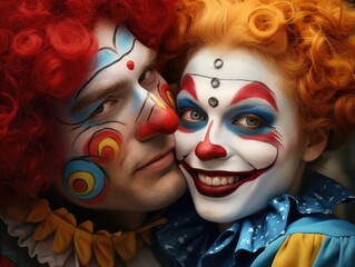 Obraz premium Portrait of hugging clowns man and woman