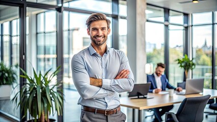 Attractive professional standing confidently in a modern office, smiling and looking directly at the camera with folded arms and a assertive business attitude.