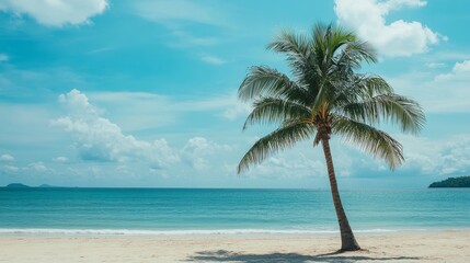 Fototapeta premium A solitary palm tree sways gently in the warm breeze on a pristine white sand beach. The turquoise ocean stretches out before it, inviting relaxation and escape. The sky is a vibrant blue, dotted with