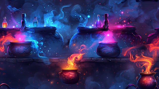 A seamless cartoon pattern of bubbling cauldrons with colorful, glowing potions, surrounded by potion bottles with shimmering liquids and swirling smoke, on a dark grey background. --ar 16:9 --v 6.