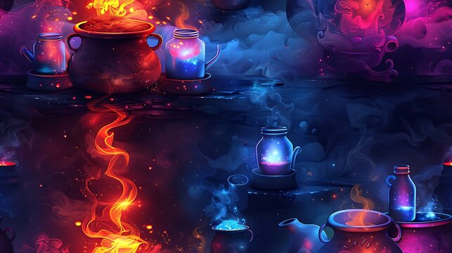 A seamless cartoon pattern of bubbling cauldrons with colorful, glowing potions, surrounded by potion bottles with shimmering liquids and swirling smoke, on a dark grey background. --ar 16:9 --v 6.