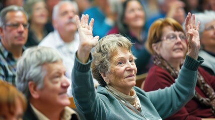 Fototapeta premium Adults participating in an adult education class, raising hands to ask questions during a lecture