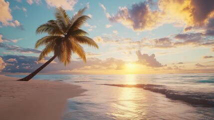 A solitary palm tree sways gently on a pristine white sand beach, bathed in the golden hues of a breathtaking sunset. The tranquil ocean stretches towards the horizon, reflecting the vibrant colors of