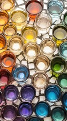 Various small shot glasses filled with colorful liquids are creatively arranged on a shiny surface during a lively social event
