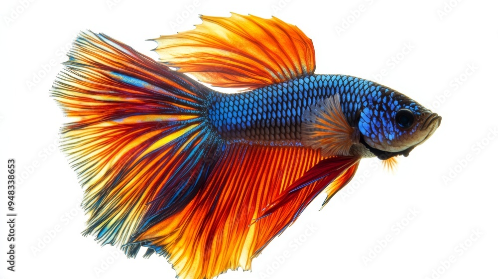 Poster a high-resolution close-up of a betta fish with a bright, multicolored tail, against a pure white ba