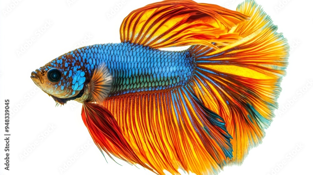 Poster a high-resolution close-up of a betta fish with a bright, multicolored tail, against a pure white ba