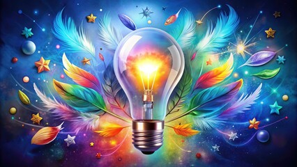 A vibrant illustration of a lightbulb surrounded by inspirational icons such as feathers, wings, and stars, symbolizing creativity, hope, and positive energy.