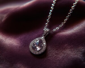 Necklace with a pendant lying on a velvet surface, sparkling