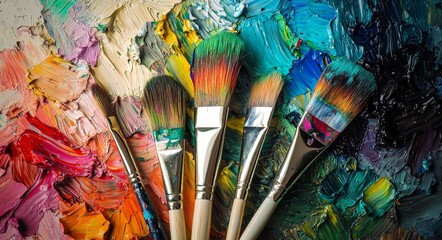 Oil paint brushes used on an artist's palette