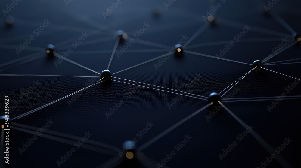 Poster Abstract digital representation of a network or web of connections with glowing nodes and lines on a dark background.
