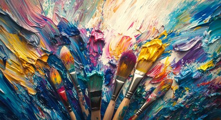 A colorful oil paint palette with brushes used by an artist