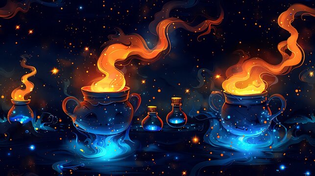 A seamless cartoon pattern of cauldrons overflowing with bubbly potions, surrounded by potion bottles and wisps of glowing smoke, with tiny sparkles and stars, on a dark orange background.