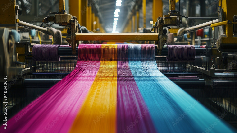Poster a textile factory setting showcasing a close-up view of a high-speed weaving machine with colorful t
