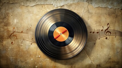 Obraz premium A vintage-inspired circular vinyl record with a stylized sound wave logo at its center, set against a distressed textured background with subtle music notes.