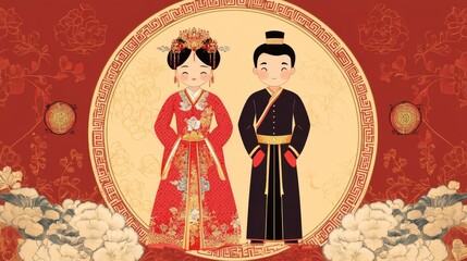 A  illustration of a Chinese bride and groom in traditional wedding attire. They are standing in front of a red and gold background with floral patterns. The image symbolizes love, tradition, and cele