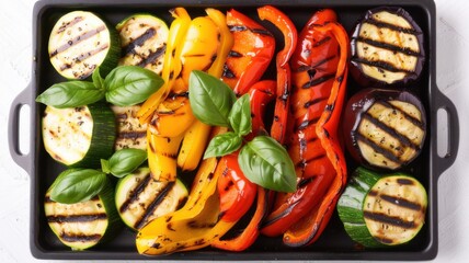 A vibrant platter of grilled zucchini, bell peppers, and eggplant, garnished with fresh basil leaves, perfect for summer.