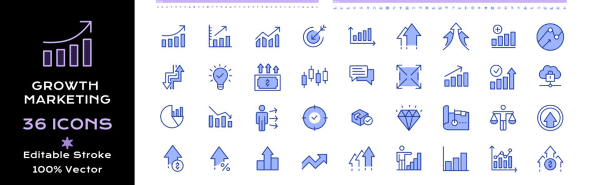 Growth marketing line icons - editable stroke colorful icon set