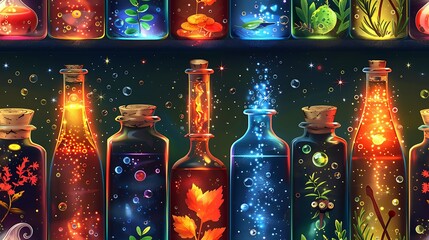 A seamless cartoon pattern of colorful potion bottles with odd ingredients like eyeballs, frog legs, and mysterious herbs, each bottle glowing with magic,